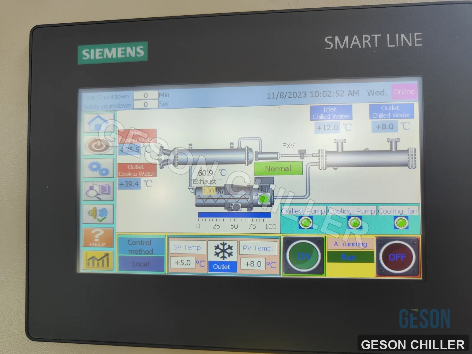 Siemens chiller touchscreen displaying factory test operating conditions