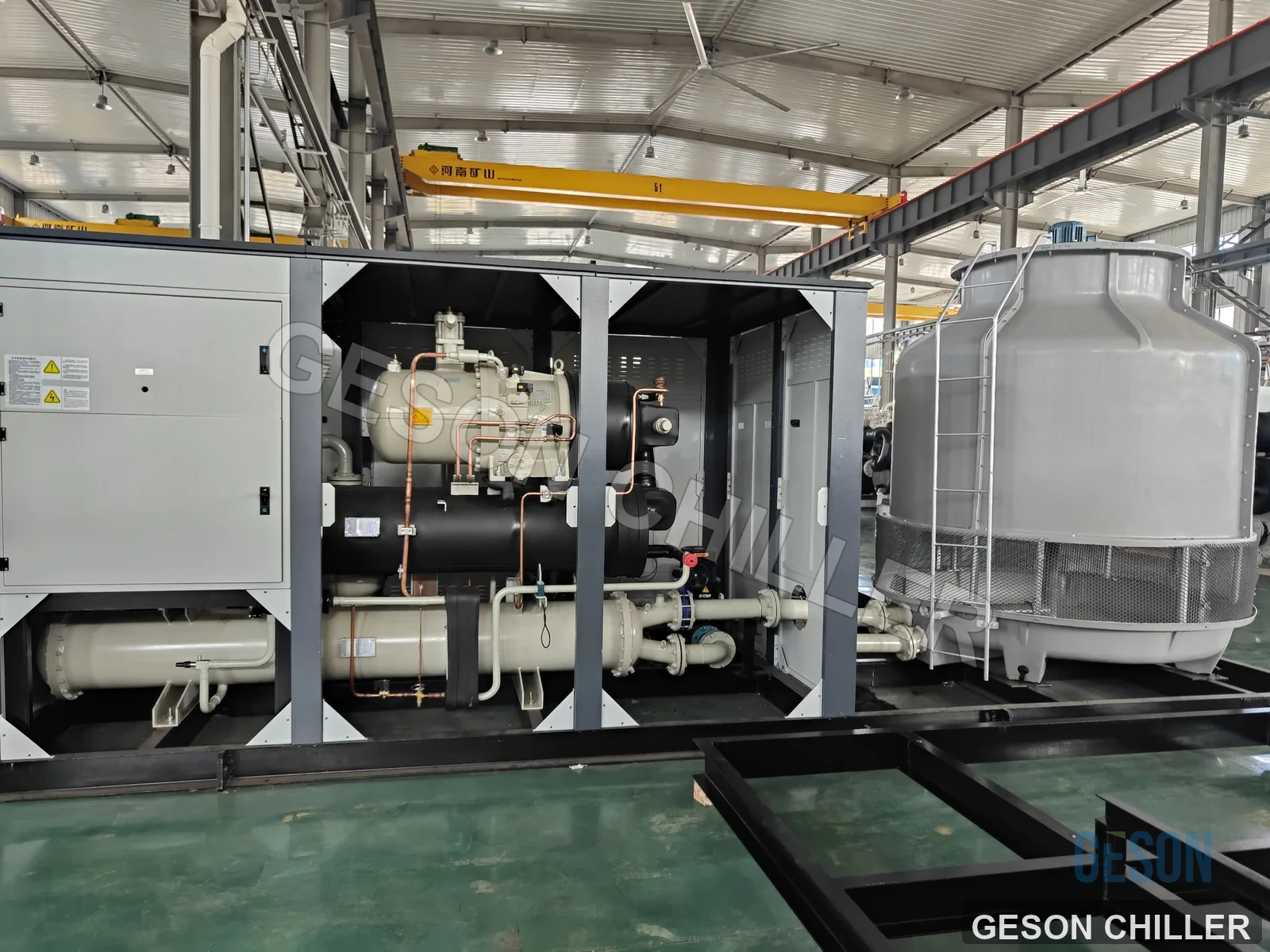 Industrial screw chiller heat exchangers and piping